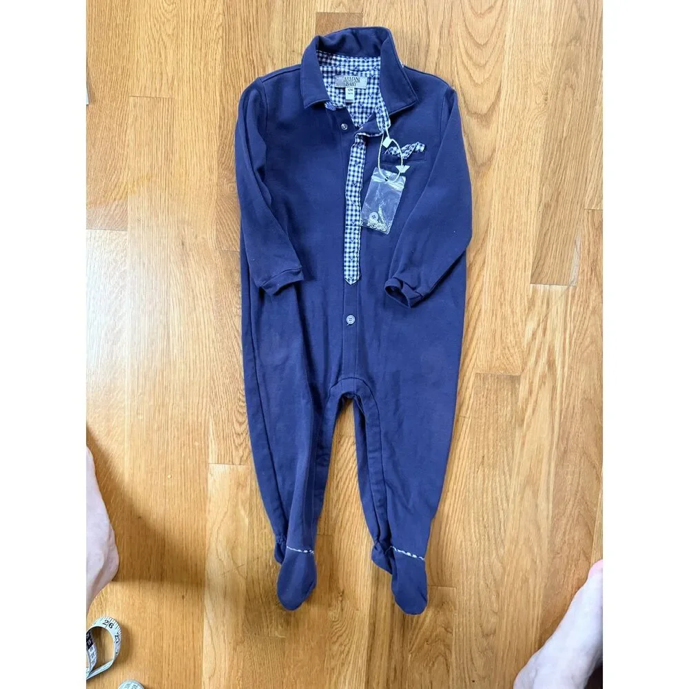 Armani Baby Footed Romper Navy Gingham Trim Logo 12M 74cm Designer Cotton